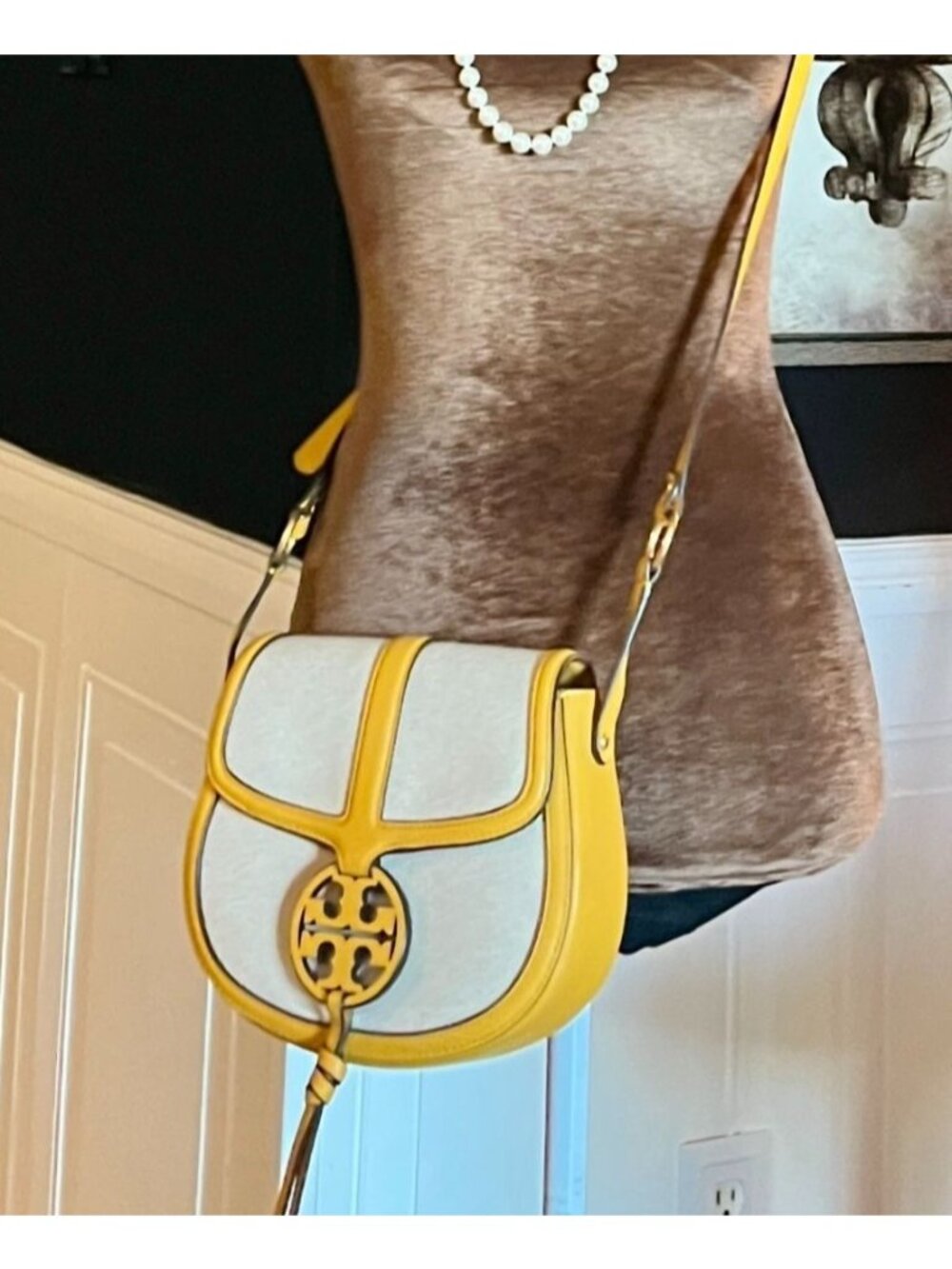 Tory Burch Miller Canvas & Leather Saddle Bag Yellow/Natural Crossbody